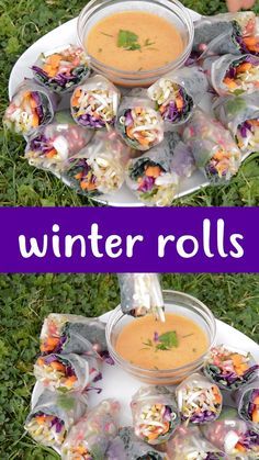 two plates with food on them and the words winter rolls in purple overlays