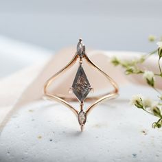 Diamond Alternative Engagement Ring Rose Gold Split Shank Ring - Etsy Modern Rose Gold Ring With Rose Cut Diamonds, Modern Rose Gold Diamond Ring With Rose Cut, Ring Layering Ideas, Gray Diamond Ring, Diamond Alternative Engagement Ring, Bracelet Rings, Fantasy Earrings, Necklace Aesthetic, Grey Diamond Ring