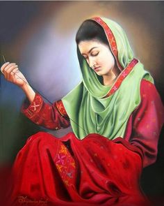 an oil painting of a woman in red and green clothing holding a needle with her right hand