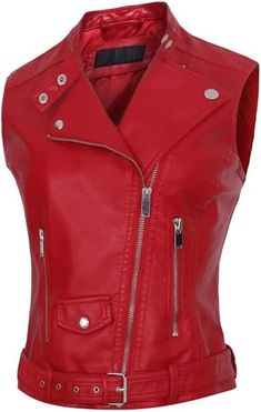 Women's Leather Biker Vest In Red Make a daring statement with this women’s leather biker vest in red. Crafted from genuine sheepskin leather with a semi-aniline finish, it offers a bold and luxurious look. The belted waist and notch collar with snap buttons add classic biker flair, while the zippered closure ensures a sleek fit. With two side zip pockets and one inner pocket, this vest balances practicality with style. Perfect for layering, this red leather vest brings confidence and edge to an Red Leather Vest, Leather Vest Jacket, Red Waistcoat, Coat Streetwear, Leather Shorts Women, Short Leather Skirts, Leather Biker Vest, Faux Leather Vest, Sleeveless Coat