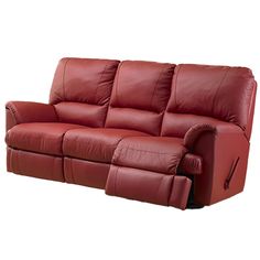 a red leather couch with two reclinings on the back and one arm extended