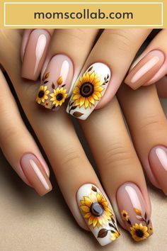 Sunflower Nail, January Nail, Sunflower Nail Art, Yellow Nail Art, Yellow Nails Design, Easter Nail, Pastel Nail, Sunflower Nails, Wedding Nail