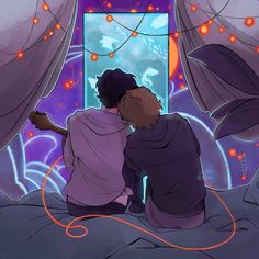 two people sitting on a bed looking at a window with fairy lights hanging from it