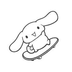 a black and white drawing of a bunny on a skateboard