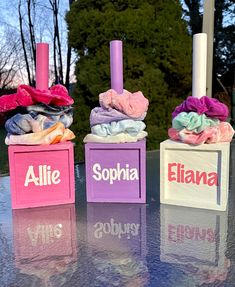 Scrunchie stand, Scrunchie holder, scrunchie storage, hair ties, hair clips and hair accessories. Personalized scrunchie holder. Each holder comes personalized and includes a cute heart shaped draw in the back to hold additional hair accessories.   Each holder will include 3 scrunchies (colors vary).  Please include the color(s) and names you would like included on each personalized scrunchie holder. Please message me if you have any questions. Scrunchie Stand, Scrunchie Storage, Hair Band Holder, Scrunchie Holder, Hair Accessories Bun, Handmade Scrunchie, Cute Heart, Daughter Love, Dollar Tree