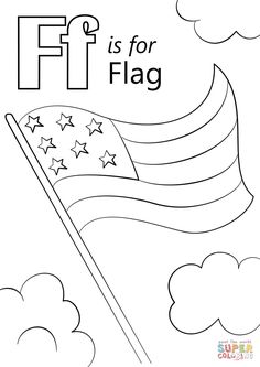 an american flag with the word f is for flag on it and clouds in the background