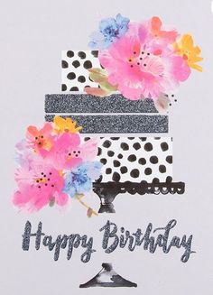 a happy birthday card with flowers on top of a cake and polka dot paper background