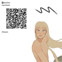 a woman with long blonde hair sitting next to a qr code