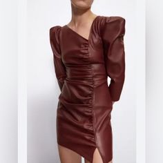 Nwt Zara Faux Leather Asymmetric Dress Size Xs Color Maroon Long Sleeve Asymmetric Neckline Front Ruching Back Zip Closure Asymmetrical Fall Cocktail Dress, Faux Leather Knee-length Dresses For Fall, Faux Leather Knee-length Fall Dresses, Chic Fitted Asymmetrical Dress For Winter, Fitted Asymmetrical Mini Dress For Fall, Fall Faux Leather Knee-length Dress, Fitted Asymmetrical Dress For Fall Party, Fall Faux Leather Dress For Night Out, Faux Leather Dress For Night Out In Fall