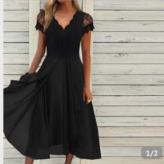 I Bought This Dress For A Wedding And Decided On Another Dress. It’s Brand New With Tags Attached. It Has A Scalloped V-Neck Neckline, Side Zipper, Short Sleeves, And Hits Me Above The Ankles Without Shoes (I’m 5’4) Lace Sleeve Bridesmaid Dress, Elegant Party Dress, Party Dress Women, Short Maxi Dress, Elegant Midi Dresses, Elegant Party Dresses, Lace Cutout, Midi Dress Black, Lace Chiffon