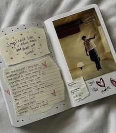 an open book with writing and pictures on the pages that have been altered to look like someones handwriting