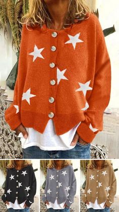 Fall trendy red kinitted cardigan outfits for women, knitted patchwork cardigans idea, get fresh new color red cardigan/ navy blue cardigan/ maroon cardigan/ crem cardigan/ green cardigan/ leopard cardigan outfits. Christmas gifts, casual cute soft street chic sweater cardigan. Star Cardigan