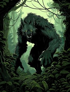 an illustration of a big furry animal in the woods