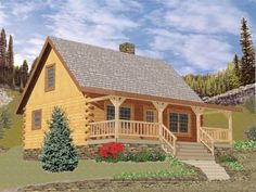 this is a computer rendering of a small log cabin house with porches and stairs