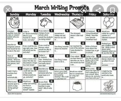 the march writing calendar is filled with words and pictures to help students practice their writing skills