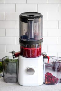 a close up of a food processor on a table