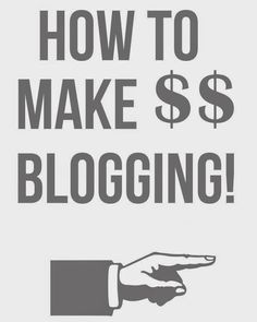 the words how to make $ 5 blogging are shown in grey and white with a hand pointing at it