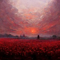 a painting of a sunset over a field with red flowers