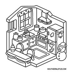 a black and white outline drawing of a kitchen with an oven, sink, stove top and