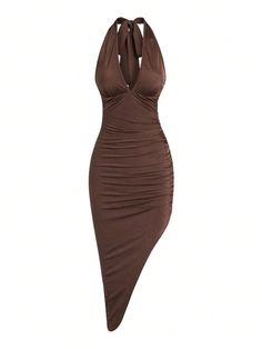 Slim Fit Strapless Backless Ruched Halter Coffee Colored Dress With Tied Up Straps Multicolor Elegant,Sexy  Sleeveless Knitted Fabric Plain Bodycon Medium Stretch  Women Clothing, size features are:Bust: ,Length: ,Sleeve Length: Party Silhouette, Asymmetrical Collar, Figure Flattering Dresses, Vegas Dresses, Color Decoration, Sleeveless Dresses, Women Halter, Women Midi, Brown Dress