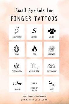 small symbols for finger tattoos on a watercolor background with the text, small symbols for finger tattoos