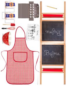 an apron, chalkboard and other kitchen accessories