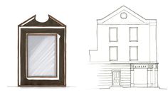 a drawing of a building with a mirror on the front and an image of a house behind it