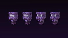 five pixellated objects with faces and eyes on each one, all in purple hues