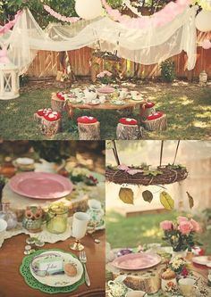 an outdoor party with pink and green decorations