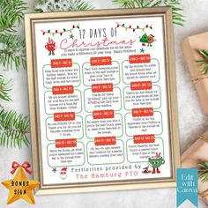 the 12 days of christmas printable is displayed in front of presents and pine branches