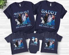 three matching shirts with the names of two children's frozen princesses on them