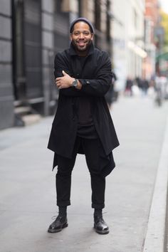 Street Style: A Fashion Photographer's All-Black Layers: Jacket, pants, mesh tank around waist from Public School Black Is My Favorite Color, Avant Garde Design, Black Street Style, Sophisticated Men, Goth Ninja, Menswear Design, All Black Fashion, Black Layers