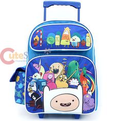 Adventure Time School Roller Backpack 16" Large Rolling Bag -Finn Jake Friends Adjustable Blue School Bag, Adjustable Blue School Bags, Blue Backpack For Adventure And Back To School, Blue Backpack For Back To School Adventure, Rectangular Bags For Adventure And Back To School, Adjustable Blue School Backpack, Blue School Backpack With Adjustable Straps, Rectangular Bags For Back To School Adventure, Blue Adventure Time