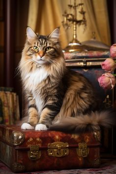 Photography of a maine coon cat proudly sitted in an interior setting. Maine Coone, Kitty Pics, Pet Style, Red Curtains, Kittens And Puppies, Animal Portraits, Cat Photography, Gentle Giant