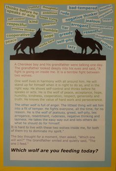 a poster with two wolfs on it and words in the background that say, which wolf are you feeding today?