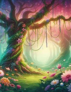 a painting of a tree in the middle of a forest with flowers and chains hanging from it