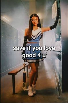 a girl in a short dress is holding an umbrella and standing next to a locker with the words save if you love good 4 u