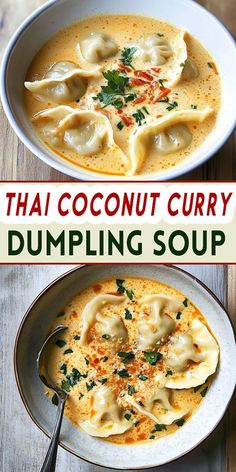 Cozy up with this Thai Coconut Curry Dumpling Soup! 🥣 Loaded with bold flavors, tender dumplings, and a creamy curry base, this easy recipe is perfect for cold days. 🌧️✨ #SoupRecipe #DumplingSoup #ThaiCooking #CurryDish Dumpling Soup Asian, Curry Wonton Soup, Vegetarian Dumpling Soup, Vegetable Dumpling Soup, Chinese Salads, Curry Base, Soup With Dumplings, Vegetarian Dumpling, Easy Dumplings