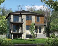 this is an artist's rendering of a two story house with balconies