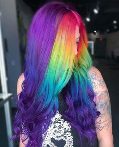 Pastel Split Dye, Purple Rainbow Hair, Hair Dye Designs, Colored Locks, Wild Hair Color, Hot Colors, Hair Color Underneath