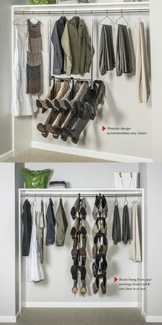 an organized closet with clothes and shoes hanging on the wall, next to another closet