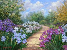 a painting of flowers and trees on a path