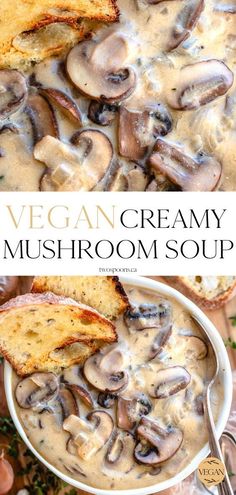 a bowl filled with mushroom soup next to bread