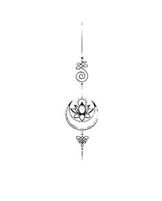 a black and white drawing of a lotus flower on a chain with two circles around it