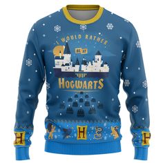 a harry potter christmas sweater with hogwarts on the front and hogwarts on the back