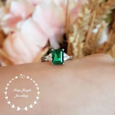 image 0 Emerald Solitaire Ring, Rectangular Ring, Elegant Engagement Ring, Green Gemstone Ring, Green Emerald Ring, Ring Three Stone, Elegant Engagement Rings, Green Rings, Diamond Simulant