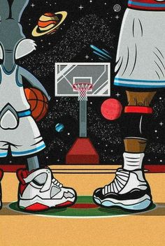 two basketball players are standing in front of a basket ball hoop with the space behind them