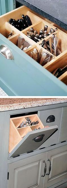 an open drawer filled with silverware and other kitchen utensils, next to a photo of the same drawer