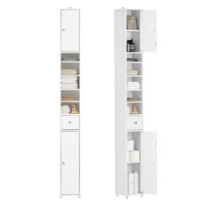 two tall white bookcases next to each other