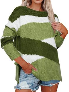 Crew Neck Sweater | BestDealBuys Green Long Sleeve Knit Sweater, Oversized Long Sleeve Top For Winter, Winter Knit Long Sleeve Top, Winter Oversized Long Sleeve Top, Winter Knit Sweater, Wearing Color, Loose Knit Sweaters, Loose Pullover, Cardigan Outfits